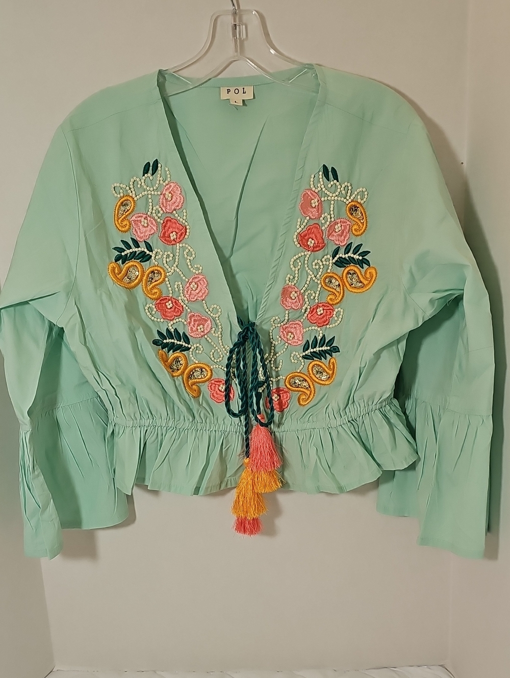 POL Mint Embroidered V-Neck Tie-Front Blouse